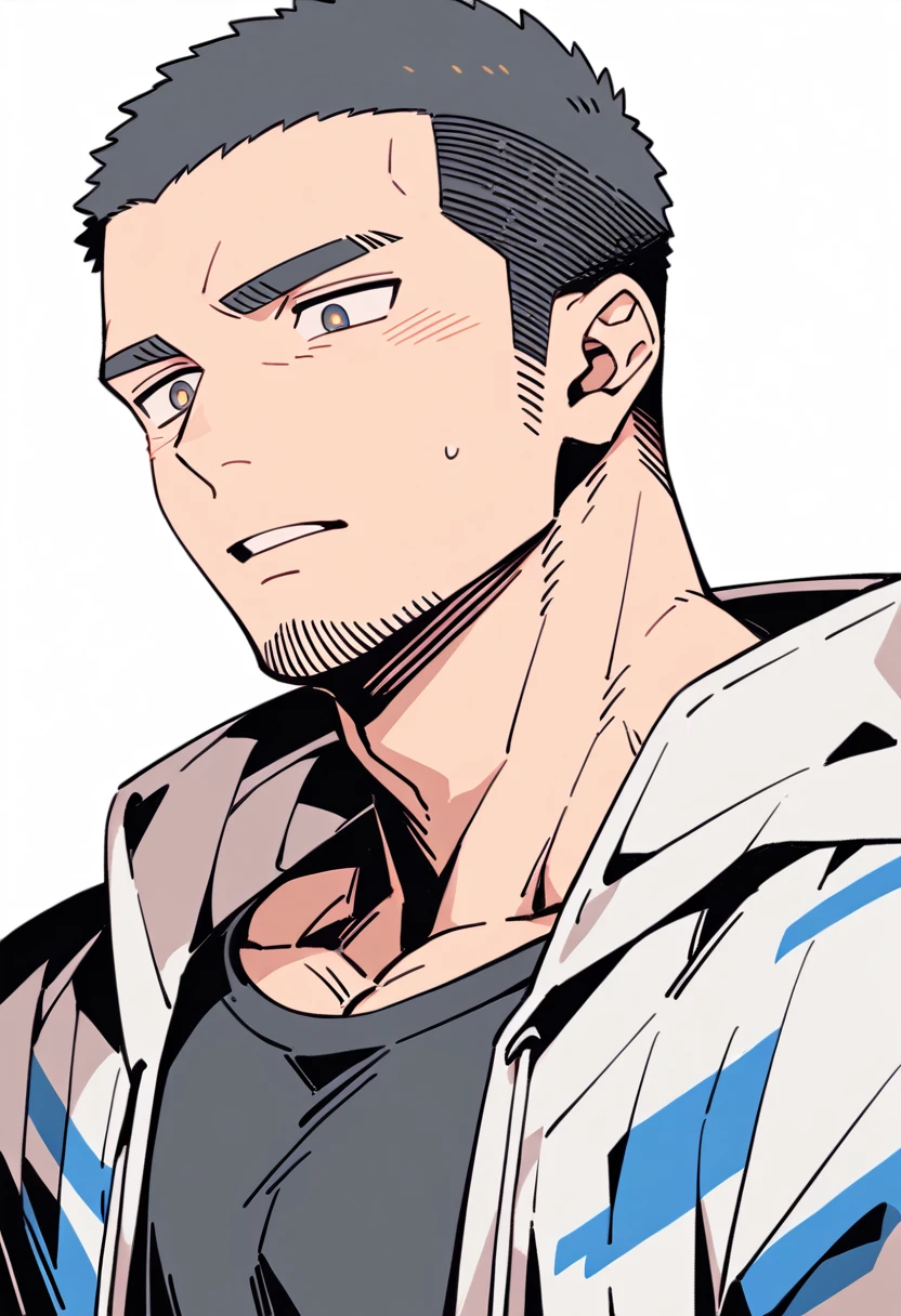 anime characters:Priapus, Muscle Sports Student, Buzz Cut, Manliness, male focus, Sports tight hooded sweatshirt, Very tight, full and perky chest muscles, muscular male, muscular, only, Upper body, alone, Black short hair, Thick eyebrows, stubble, Brown-red pupils, White background, simple background, amazing quality, best aesthetics, Ridiculous, crew cut, parted lips, flustered, endured face, negative space, best quality