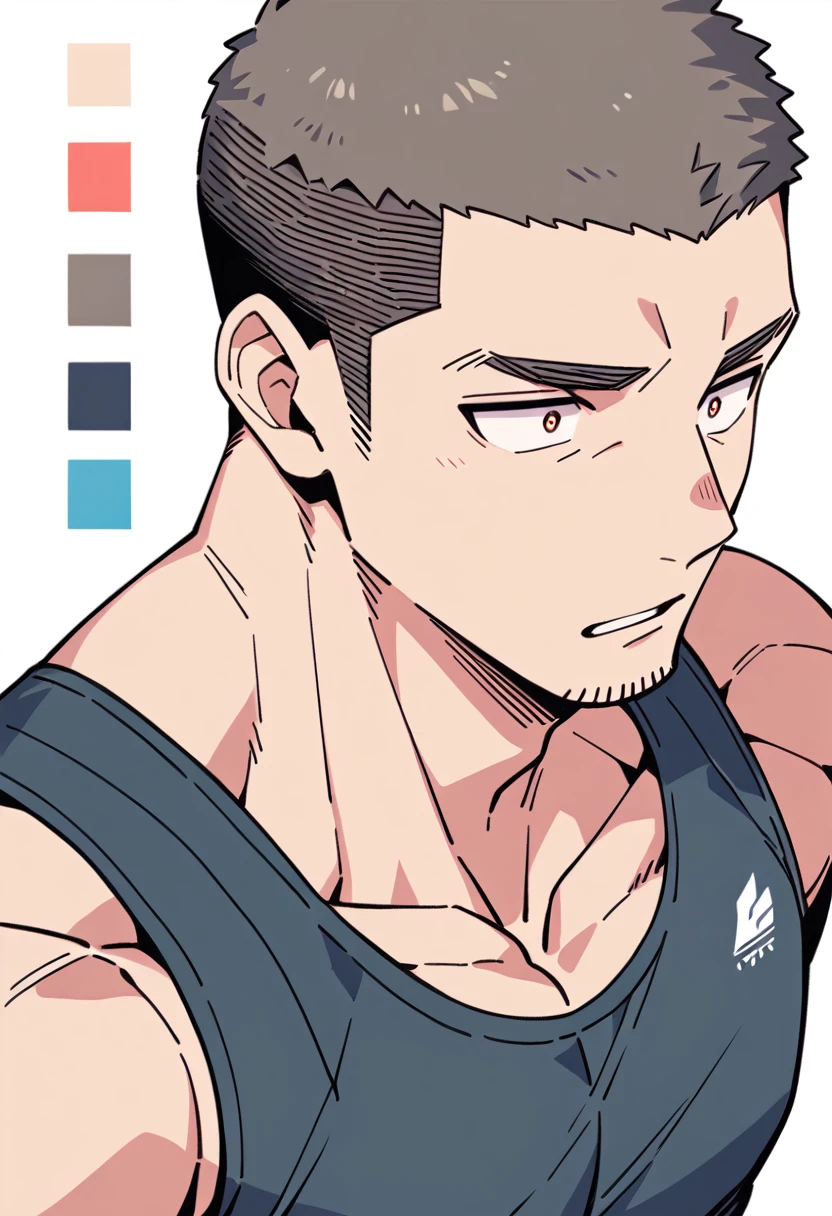 anime characters：Priapus, Muscle Sports Student, Buzz Cut, Manliness, male focus, Sports tight hooded sweatshirt, Very tight, full and perky chest muscles, muscular male, muscular, only, Upper body, alone, Black short hair, Thick eyebrows, stubble, Brown-red pupils, White background, simple background, amazing quality, best aesthetics, Ridiculous, crew cut, parted lips, flustered, endured face, negative space, best quality