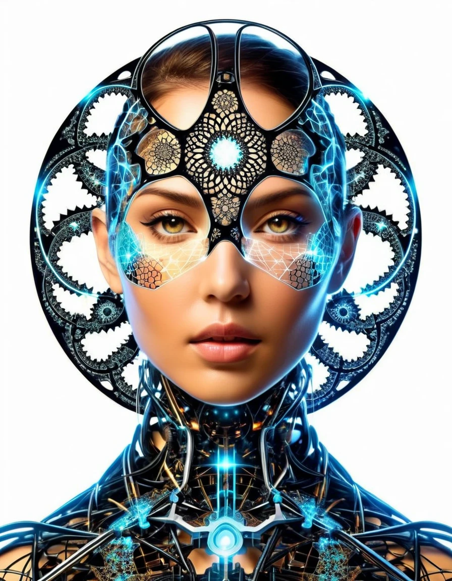 (Masterpiece, Fractal theme: 1.8). Mockup, female cyborg, Artistic stereoscopic measurement, Math, Artistic fantasy, Art Flower of Life sacred geometry, Sparks and surges, Sticker, Vector t-shirt art design, Prepare for printing, white bg, vibrant, Thin outline lines of absolute black, Detailed, Sticker