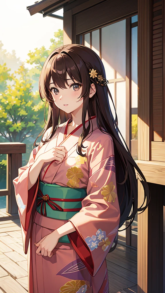 masterpiece, highest quality, High resolution,Anime Style、Brown Hair、Long Hair、Let the yukata come off