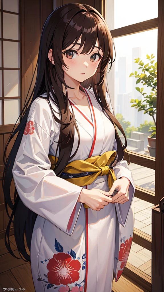 masterpiece, highest quality, High resolution，Anime Style、Brown Hair、Long Hair、Let the yukata come off