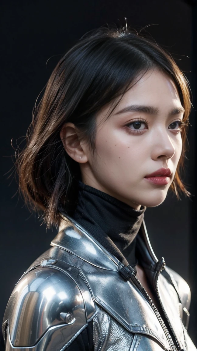 Create a highly detailed and close-up image of a young woman with a cybernetic appearance. She has an intricate, futuristic helmet and mechanical components integrated into her head and neck. Her skin shows a realistic texture with slight imperfections and freckles, giving her a lifelike appearance despite her robotic enhancements. The background is slightly blurred, focusing attention on her expressive eyes and the detailed machinery, creating a blend of human and technology in a visually stunning sci-fi scene.