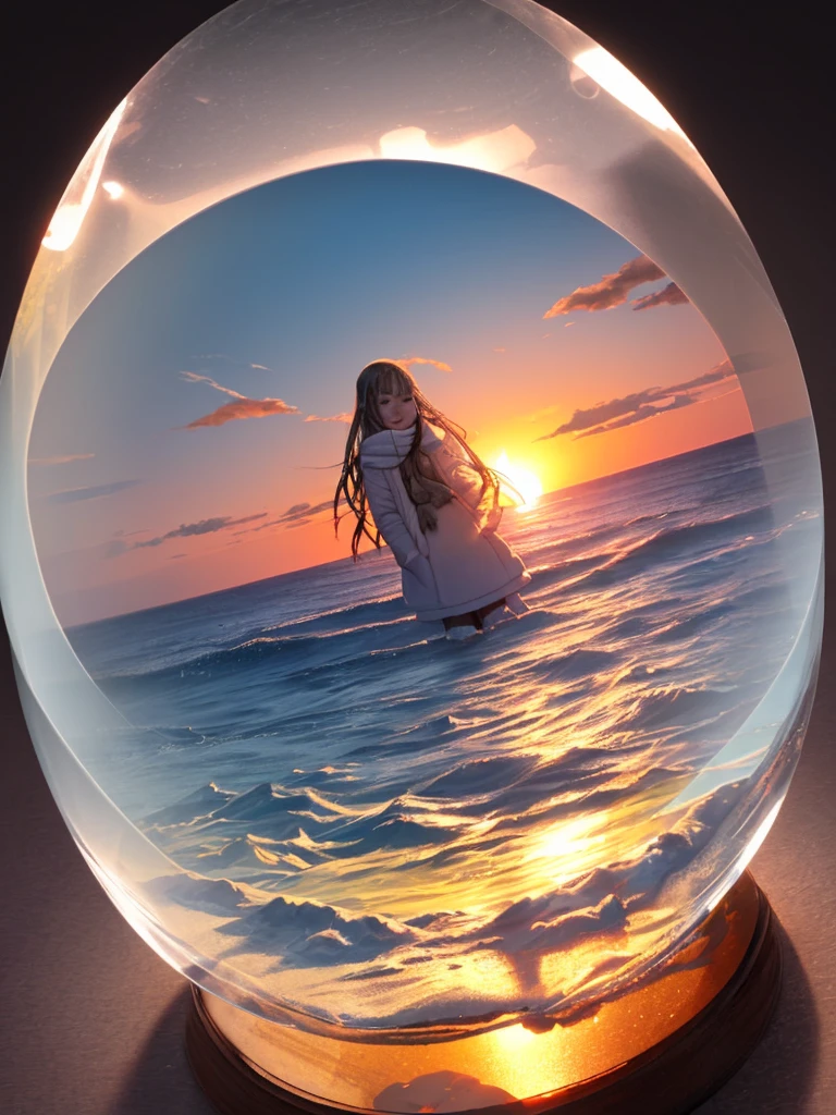 Sunset ocean in a snow globe