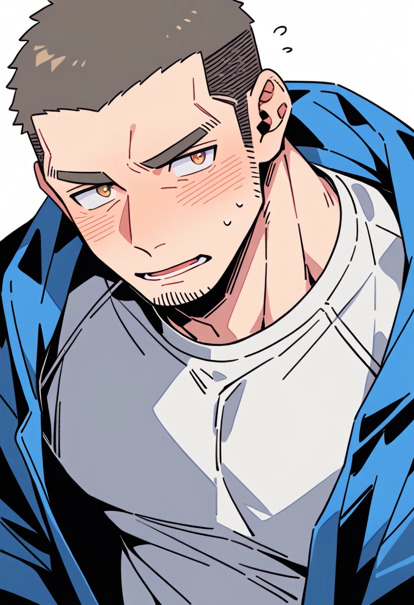 anime characters:Priapus, Muscle Sports Student, Buzz Cut, Manliness, male focus, Sports tight hooded sweatshirt, Very tight, full and perky chest muscles, muscular male, muscular, only, Upper body, alone, Red short hair, Thick eyebrows, stubble, Brown-red pupils, White background, simple background, amazing quality, best aesthetics, Ridiculous, crew cut, parted lips, flustered, endured face, shy, blush, negative space, best quality