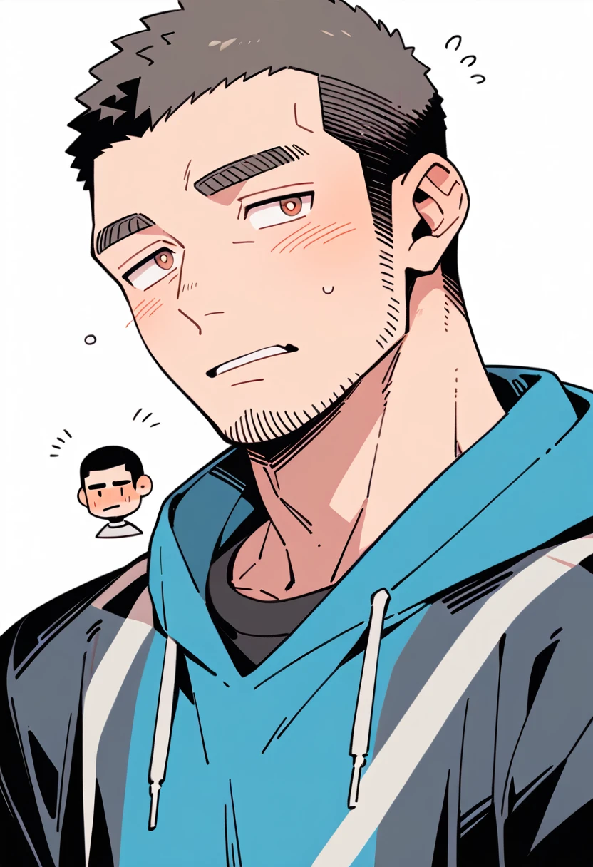 anime characters：Priapus, Muscle Sports Student, Buzz Cut, Manliness, male focus, Sports tight hooded sweatshirt, Very tight, full and perky chest muscles, muscular male, muscular, only, Upper body, alone, Red short hair, Thick eyebrows, stubble, Brown-red pupils, White background, simple background, amazing quality, best aesthetics, Ridiculous, crew cut, parted lips, flustered, endured face, shy, blush, negative space, best quality