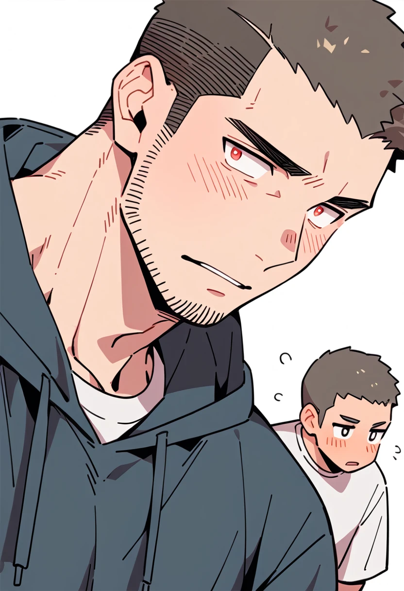 anime characters:Priapus, Muscle Sports Student, Buzz Cut, Manliness, male focus, Sports tight hooded sweatshirt, Very tight, full and perky chest muscles, muscular male, muscular, only, Upper body, alone, Red short hair, Thick eyebrows, stubble, Brown-red pupils, White background, simple background, amazing quality, best aesthetics, Ridiculous, crew cut, parted lips, flustered, endured face, shy, blush, negative space, best quality