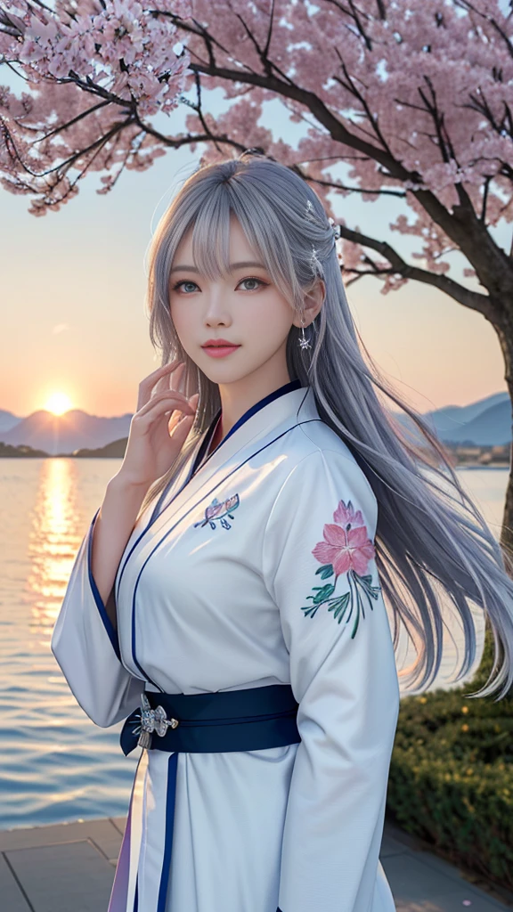 (logo, masterpiece, 8k, Tabletop, RAW Photos, wonderful, 最high quality, Photorealistic and hVery detailed CG integrated 8k wallpaper, high quality, Very detailed, Narrative poem, Particle Effects, Dynamic Effects, Written boundary depth, Cinematic Light, Lens flare, Ray Tracing, Anatomically correct)), Fantasy, One beautiful woman, Silver Hair, Clear Eyes, Long Hair, Beautiful Face, True Face, 緻密でBeautiful Eyes, Beautiful Skin, Long HairがWindでなびく, Long Hairが跳ねる, Long HairがWindで踊る, Hair bounces, jewelry, Beautiful Eyes, White kimono, White Belt, White cherry blossom embroidery pattern, Silver earrings, Wind, blue sky, Beautiful background, のWind, Xianxia, Pink cherry blossom tree, Petals fluttering, SakuraFubuki, wonderful景色, sunrise, Sun in the background, Wind, god々, god話, Vast land