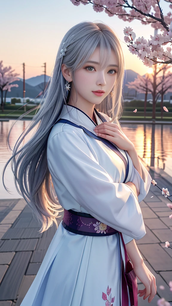 (logo, masterpiece, 8k, Tabletop, RAW Photos, wonderful, 最high quality, Photorealistic and hVery detailed CG integrated 8k wallpaper, high quality, Very detailed, Narrative poem, Particle Effects, Dynamic Effects, Written boundary depth, Cinematic Light, Lens flare, Ray Tracing, Anatomically correct)), Fantasy, One beautiful woman, Silver Hair, Clear Eyes, Long Hair, Beautiful Face, True Face, 緻密でBeautiful Eyes, Beautiful Skin, Long HairがWindでなびく, Long Hairが跳ねる, Long HairがWindで踊る, Hair bounces, jewelry, Beautiful Eyes, White kimono, White Belt, White cherry blossom embroidery pattern, Silver earrings, Wind, blue sky, Beautiful background, のWind, Xianxia, Pink cherry blossom tree, Petals fluttering, SakuraFubuki, wonderful景色, sunrise, Sun in the background, Wind, god々, god話, Vast land