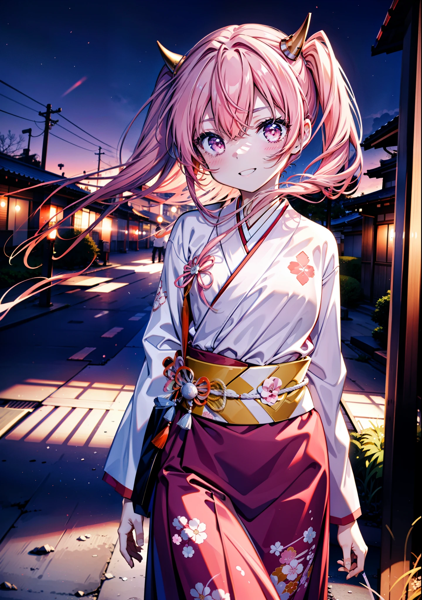 Aria h kanzaki,horn,Pink Hair,Long Hair,low 　Twin tails,小さいhorn,Red eyes,happy smile, smile, Open your mouth,pink kimono,Thick sleeves,Long skirt,日本のfestival,夏festivalの屋台,Red Lantern,night,night空のfirework,firework,場所はfirework大会,時間はnightです,sunny day,　　　　　　　　　　　　　　　  　　　　　break looking at viewer, Upper Body, (Cowboy Shot:1. 5),  　　　　　
break outdoors, festival,shrine,
break (masterpiece:1.2), Highest quality, High resolution, unity 8k wallpaper, (shape:0.8), (Beautiful attention to detail:1.6), Highly detailed face, Perfect lighting, Highly detailed CG, (Perfect hands, Perfect Anatomy),