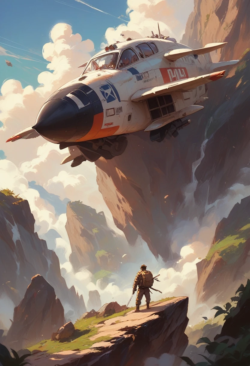 The crashed airplane lies on a rocky terrain