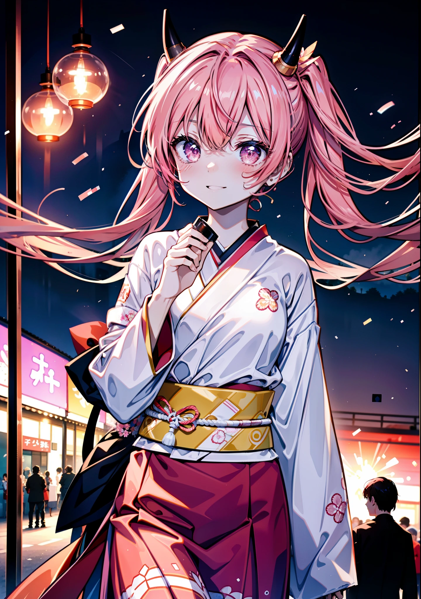 Aria h kanzaki,horn,Pink Hair,Long Hair,low 　Twin tails,小さいhorn,Red eyes,happy smile, smile, Open your mouth,pink kimono,Thick sleeves,Long skirt,日本のfestival,夏festivalの屋台,Red Lantern,night,night空のfirework,firework,場所はfirework大会,時間はnightです,sunny day,　　　　　　　　　　　　　　　  　　　　　break looking at viewer, Upper Body, (Cowboy Shot:1. 5),  　　　　　
break outdoors, festival,shrine,
break (masterpiece:1.2), Highest quality, High resolution, unity 8k wallpaper, (shape:0.8), (Beautiful attention to detail:1.6), Highly detailed face, Perfect lighting, Highly detailed CG, (Perfect hands, Perfect Anatomy),