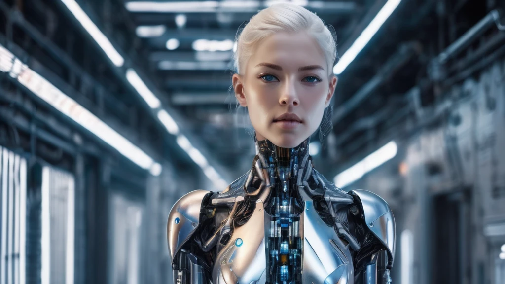 ```
Full-body portrait of a female cyborg, entire figure visible.
16:9 aspect ratio, landscape orientation.
Subject centered, occupying majority of frame height.
Head to toe visibility, no cropping of any body parts.
Frontal view, directly facing the camera.
Russian features: high cheekbones, clear blue holographic eyes.
Short platinum blonde hair with visible tech implants.
Face, torso, arms, and legs all clearly depicted.
Seamless blend of human and robotic elements throughout body.
Metallic components and exposed circuitry on skin.
Transparent panels revealing internal bio-mechanical systems.
Arms and hands fully visible, showing cybernetic enhancements.
Legs and feet prominently displayed, exhibiting robotic design.
Subtle blue energy lines tracing entire body.
Minimal, form-fitting attire to showcase cyborg elements.
Standing pose, arms slightly away from body.
Feet shoulder-width apart, firmly planted.
Faint holographic aura surrounding entire figure.
Futuristic background not obscuring any part of the cyborg.
Even, cool-toned lighting highlighting all body details.
Emphasis on full-body representation from head to toe.
```