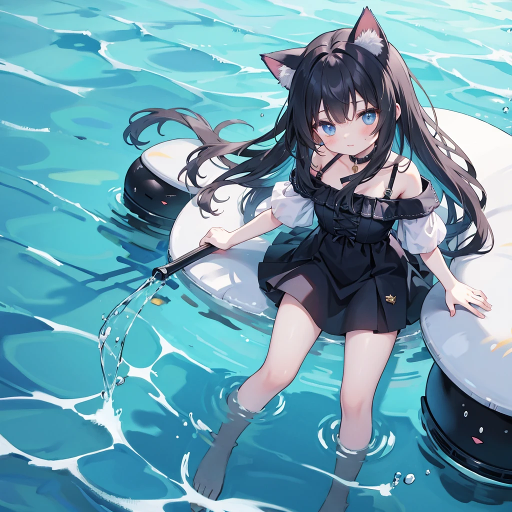 Black hair girl，With cat ears，Standing in the water