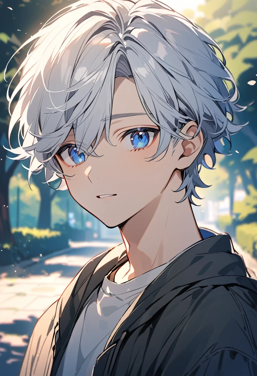 Handsome，1 male，young teenager，alone，white short hair，blue eyes, Calm expression, outdoor date