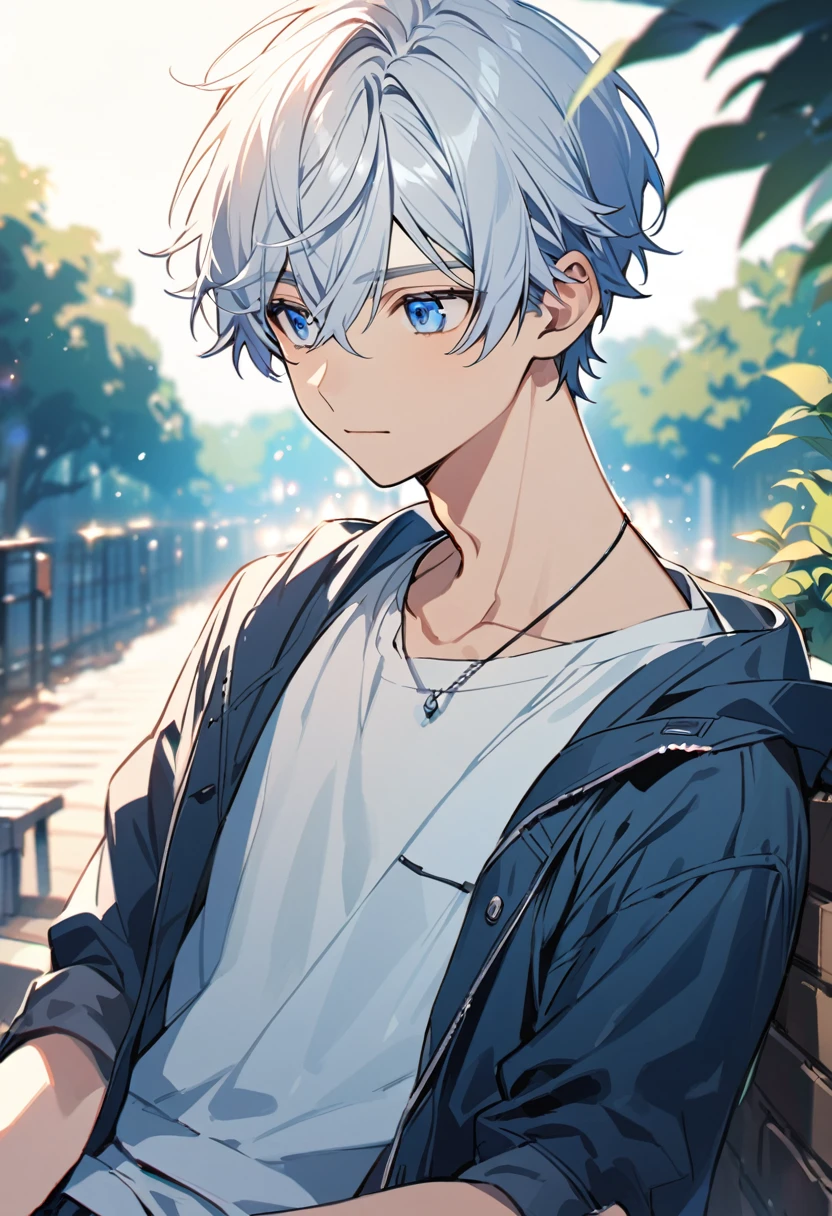Handsome，1 male，young teenager，alone，white short hair，blue eyes, Calm expression, outdoor date