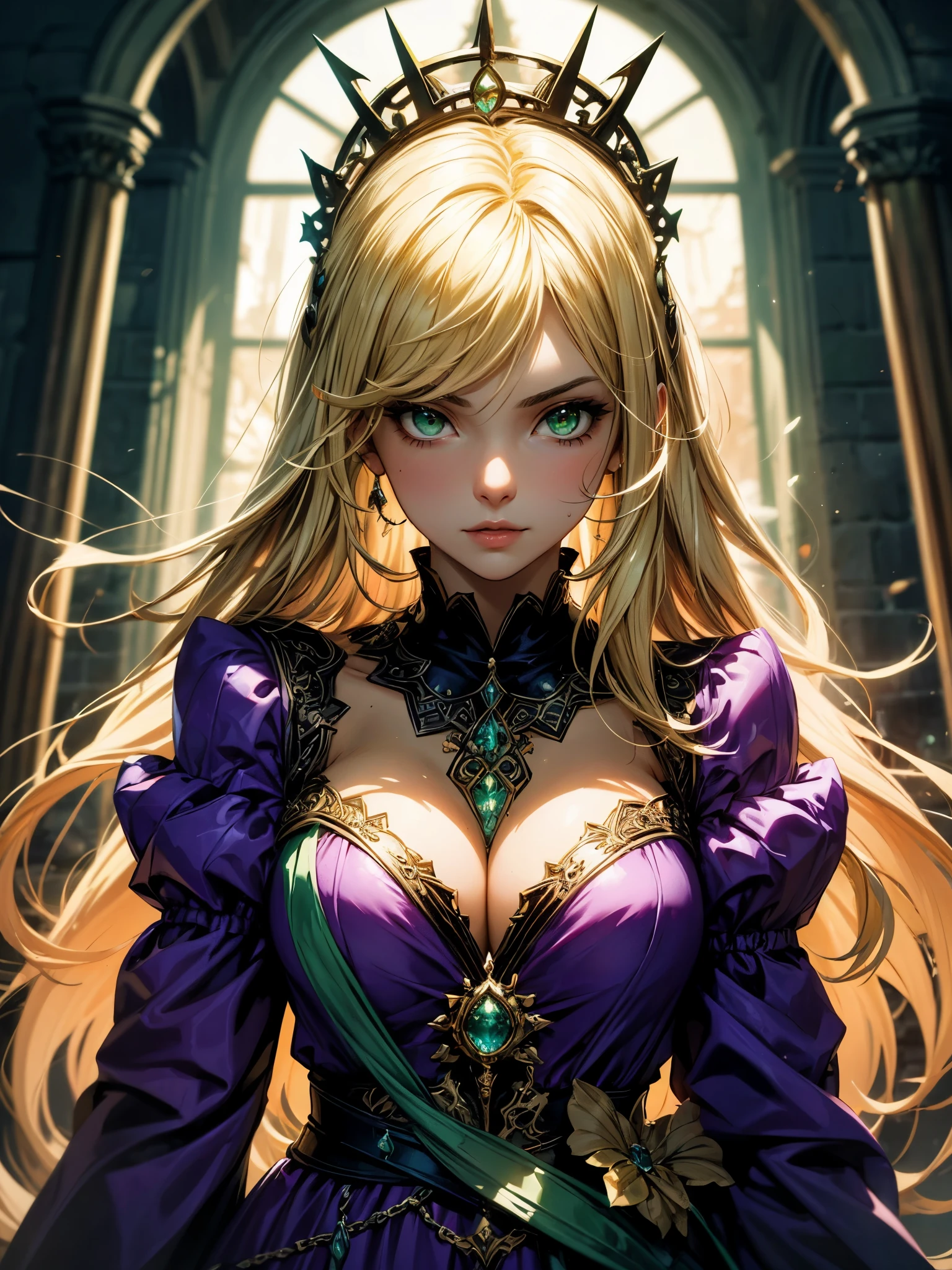 Flower Princess, Rapunzel, Beautiful, Glowing yellow glow, Long blonde hair, Green eyes, Lilac flower dress, Green ivy, Nice young face, Soft tan skin, Concept art portrait by Greg rutkowski, Art germ, Ultra-detailed and intricate Gothic art trends in Artstation ternary colors, Fantastical, intricately details, Splash screen, Complementary colors, fantasy concept art, 8K resolution, Oil painting, Heavy strokes
sultry look, seductive,