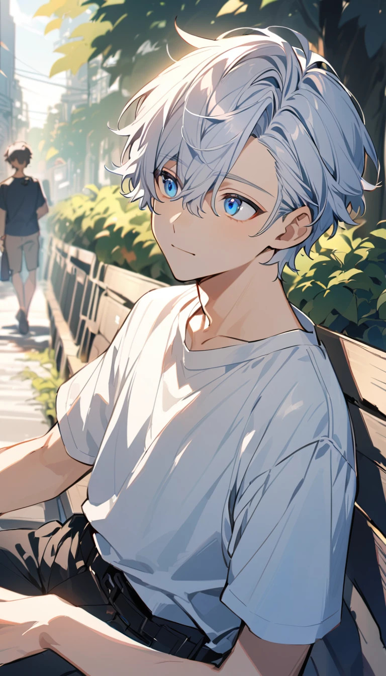 Handsome,1 male,young teenager,alone,white short hair,blue eyes, Calm expression, outdoor date