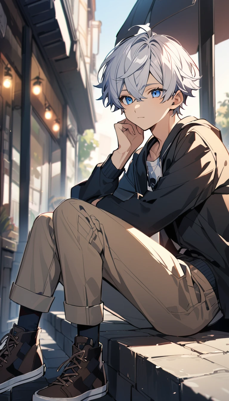 Handsome,1 male,young ager,alone,white short hair,blue eyes, Calm expression, outdoor date