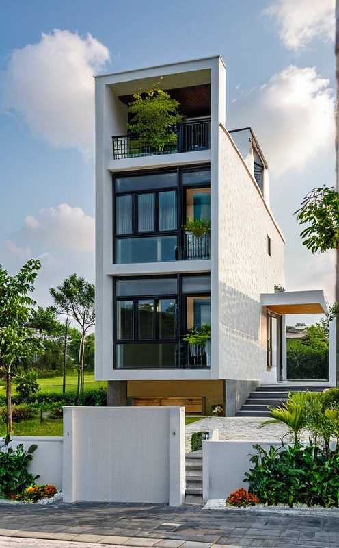 Masterpiece, high quality, best quality, authentic, super detail, outdoors, onestoreyvillaXL, aiaigroup, house style modern on the street ,stairs, white wall ,road,pavement, grass, trees, sky, cloud, (daylight:1.1)