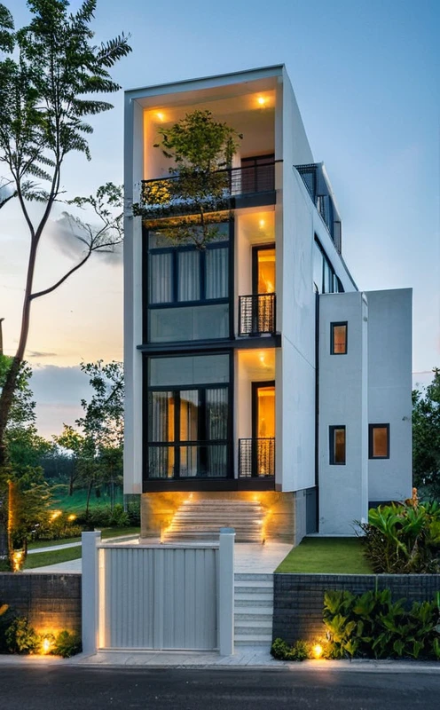 Masterpiece, high quality, best quality, authentic, super detail, outdoors, onestoreyvillaXL, aiaigroup, house style modern on the street ,stairs, white wall ,road,pavement, grass, trees, sky, cloud, (daylight:1.1)
