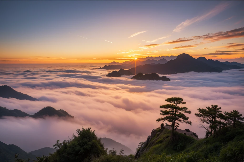 Huangshan Welcome Pine，Sunset，Warm colors，Sea of Clouds，Ultra wide angle，ultra depth of field，Texture，National Geographic Award-winning work
