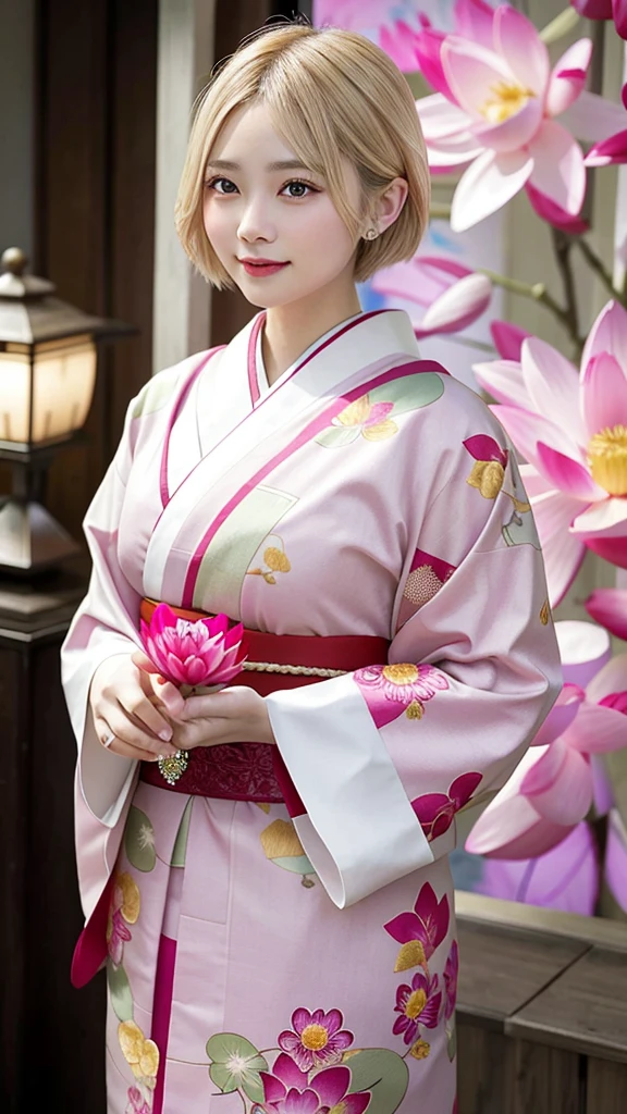 “A beautiful young woman with short blonde hair, wearing a traditional Japanese kimono with floral patterns, holding a glowing heart-shaped crystal with a lotus flower design in both hands, facing front. She has bright red eyes and a gentle expression. The background features large pink lotus flowers and a soft, glowing halo around her head. The scene is highly detailed and has a magical, ethereal quality.”“Holding a heart-shaped crystal in both hands.”