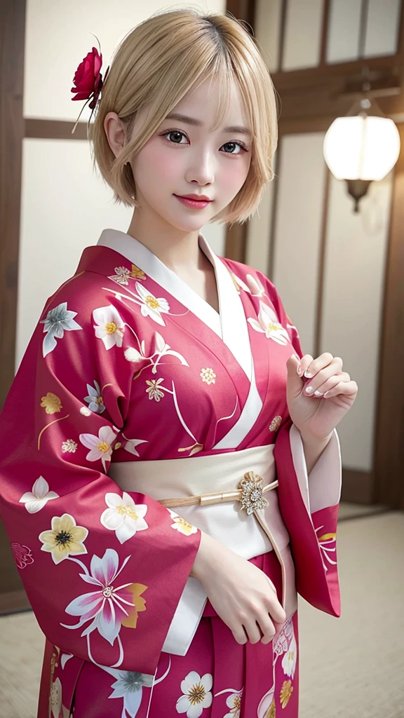 “A beautiful young woman with short blonde hair, wearing a traditional Japanese kimono with floral patterns, holding a glowing heart-shaped crystal with a lotus flower design in both hands, facing front. She has bright red eyes and a gentle expression. The background features large pink lotus flowers and a soft, glowing halo around her head. The scene is highly detailed and has a magical, ethereal quality.”“Holding a heart-shaped crystal in both hands.”
