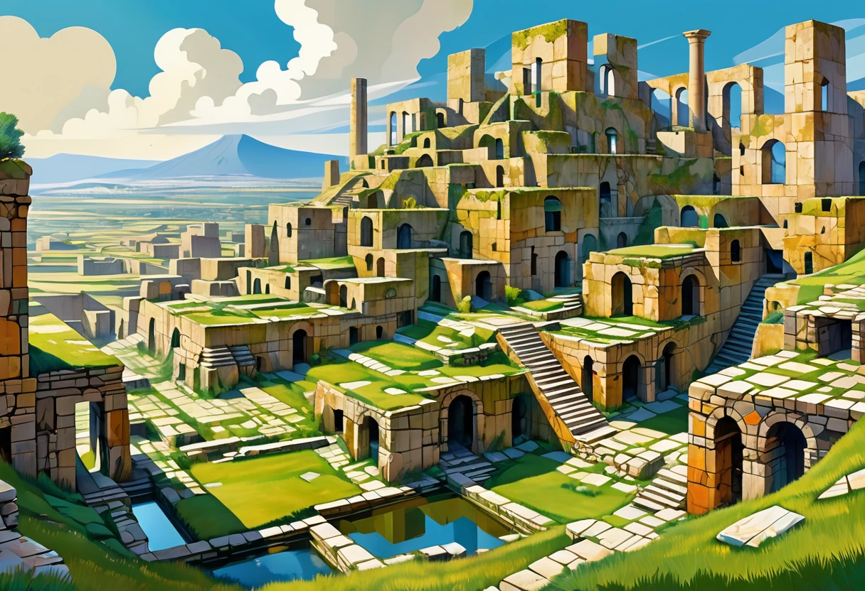 Cubist Futurism, panorama, super detail, best quality, highres, high quality, masterpiece, Landscape, Ruins of an ancient civilization, with stone buildings lined up around a spring