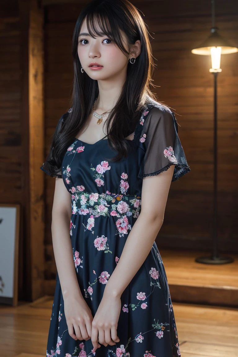 (Highest quality:1.4),(masterpiece:1.4),(Realistic:1.4),(Realistic:1.2),(超High resolution, RAW Photos:1.4),(High resolution, Ultra-detailed:1.2),(8K:1.2),View your viewers,Cinematic photography,Black Hair,Small earrings,necklace,One girl,skeletally correct,(Floral Dress,View from the front),(Western-style building interior,Dimly lit room,The lamplight shines on my cheeks)