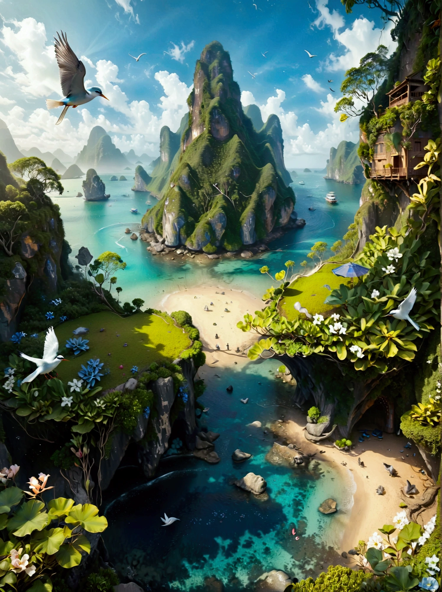 (Bird&#39;s eye view:1.5)，An ancient treasure map，Horizon leading to an exotic island。The island is covered with lush tropical vegetation、Mysterious ancient buildings and a towering mountain。This is an obvious destination for daring explorers。The sky is dotted with birds，There&#39;s a sense of adventure in the air，The boundless blue sea is inhabited by various marine creatures.。A wooden boat with an elegant sail awaits in the nearby bay.，Prepare to start a cross-sea journey。