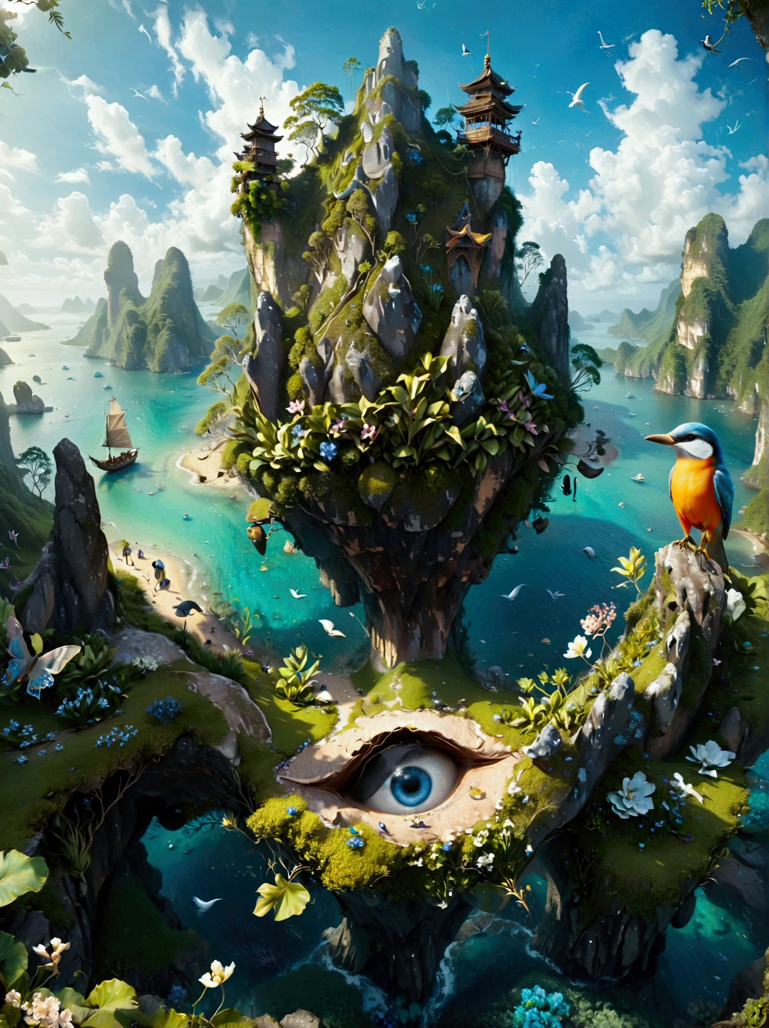 (Bird&#39;s eye view:1.5)，An ancient treasure map，Horizon leading to an exotic island。The island is covered with lush tropical vegetation、Mysterious ancient buildings and a towering mountain。This is an obvious destination for daring explorers。The sky is dotted with birds，There&#39;s a sense of adventure in the air，The boundless blue sea is inhabited by various marine creatures.。A wooden boat with an elegant sail awaits in the nearby bay.，Prepare to start a cross-sea journey。