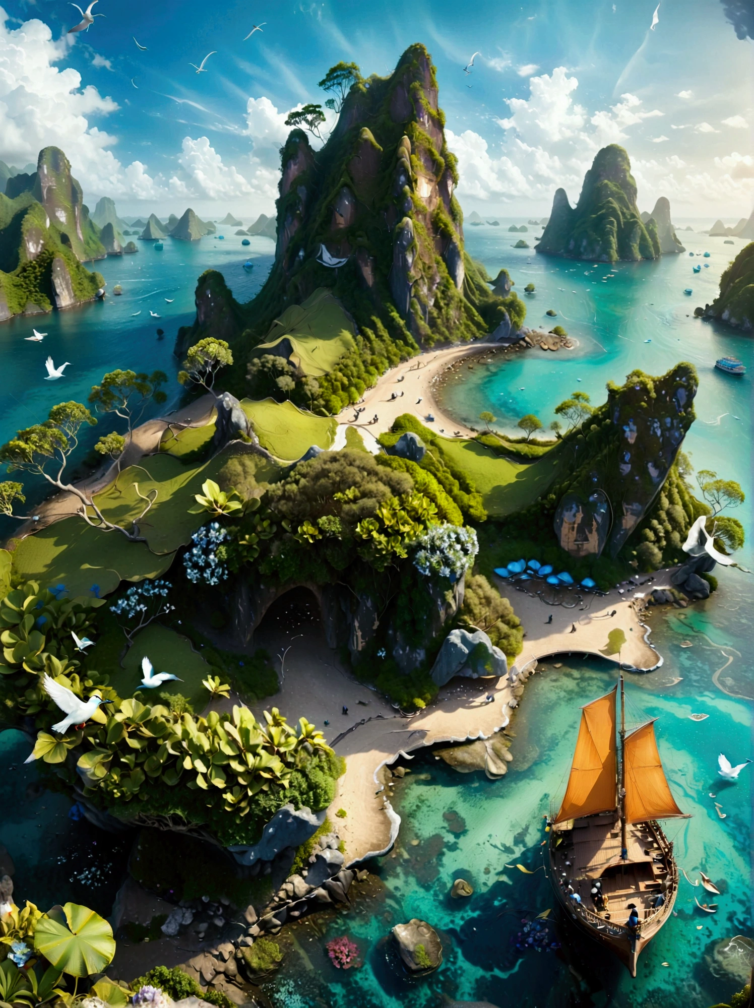 (Bird&#39;s eye view:1.5)，An ancient treasure map，Horizon leading to an exotic island。The island is covered with lush tropical vegetation、Mysterious ancient buildings and a towering mountain。This is an obvious destination for daring explorers。The sky is dotted with birds，There&#39;s a sense of adventure in the air，The boundless blue sea is inhabited by various marine creatures.。A wooden boat with an elegant sail awaits in the nearby bay.，Prepare to start a cross-sea journey。