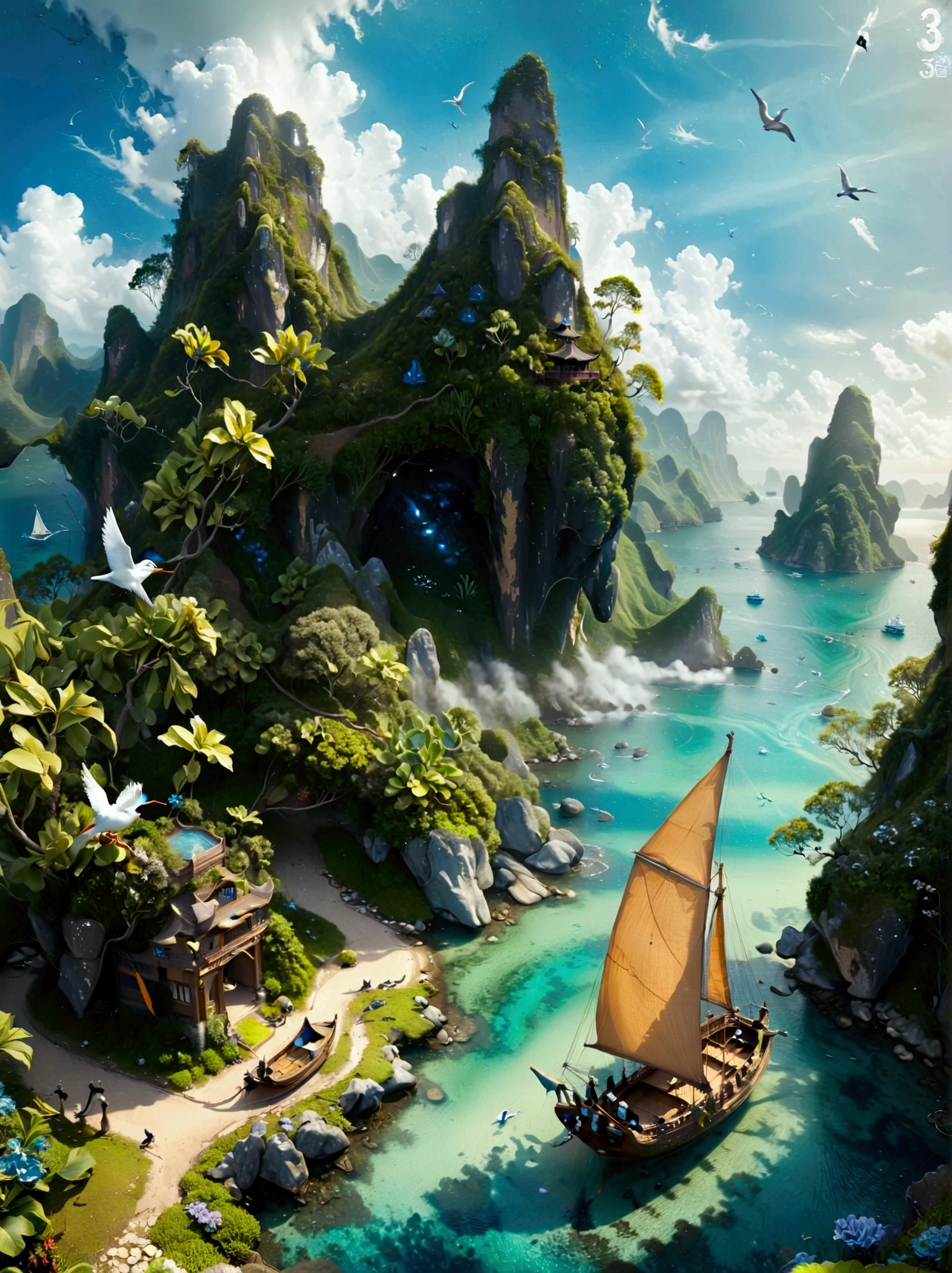 (Bird&#39;s eye view:1.5)，An ancient treasure map，Horizon leading to an exotic island。The island is covered with lush tropical vegetation、Mysterious ancient buildings and a towering mountain。This is an obvious destination for daring explorers。The sky is dotted with birds，There&#39;s a sense of adventure in the air，The boundless blue sea is inhabited by various marine creatures.。A wooden boat with an elegant sail awaits in the nearby bay.，Prepare to start a cross-sea journey。