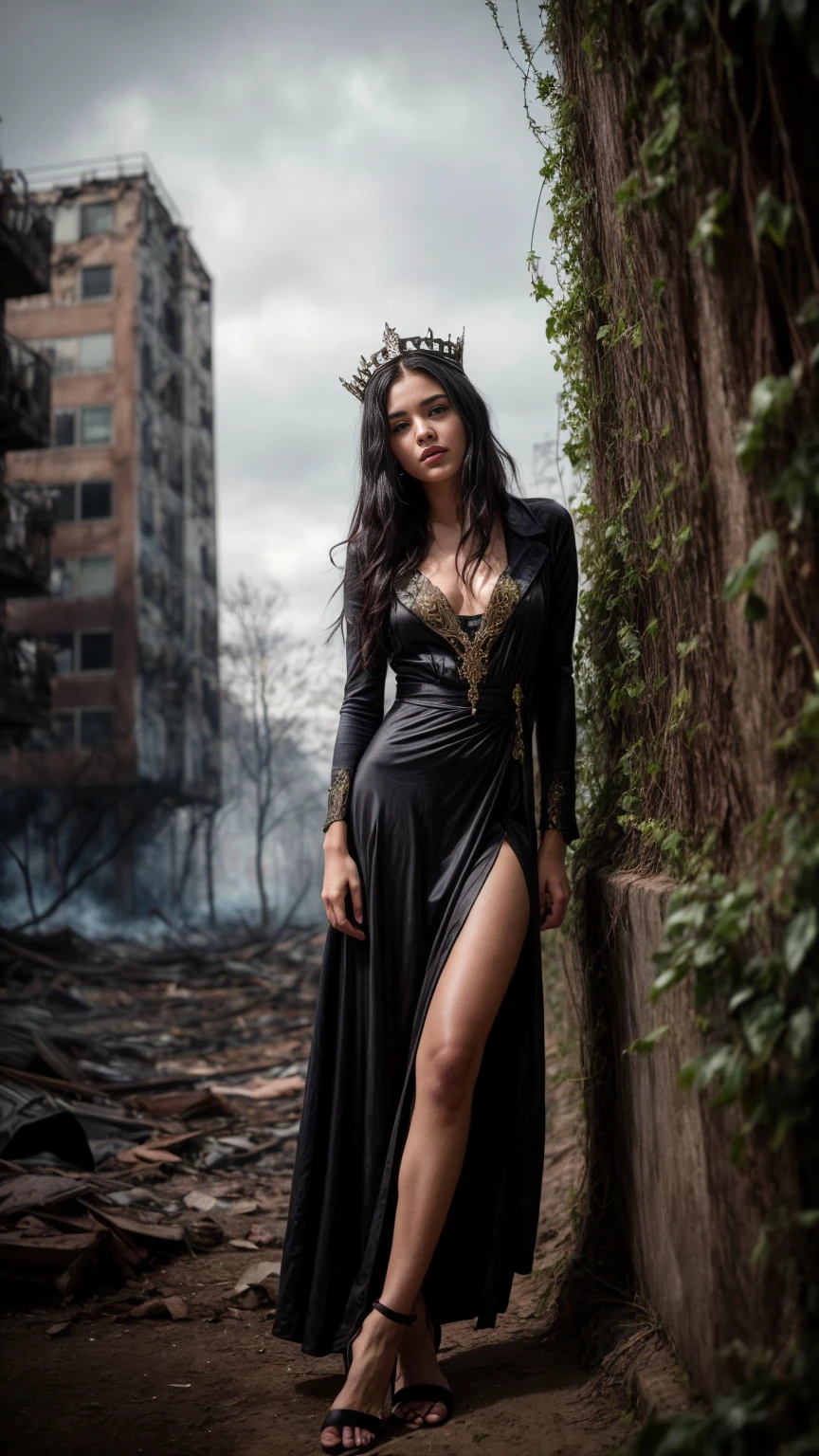 A beautiful European women, queen, full body, Leaning on a burning wall, wearing torn dress, long dress, bone crown, grey sky, Post-Apocalyptic city, lianas, trees, vines. She is 24 years old, has black hair, long hair, curly hair and black eyes. Her cloth is stylish and her overall appearance is stunning. The girl's face is extremely detailed with beautifully detailed lips. Her skin is anatomically correct with realistic textures. The image should have super high details and be of the best quality, with a resolution of 8K. The final result should be a masterpiece, showcasing the girl's beauty and the vibrant atmosphere of The destroyed Post-Apocalyptic city, trees and vines