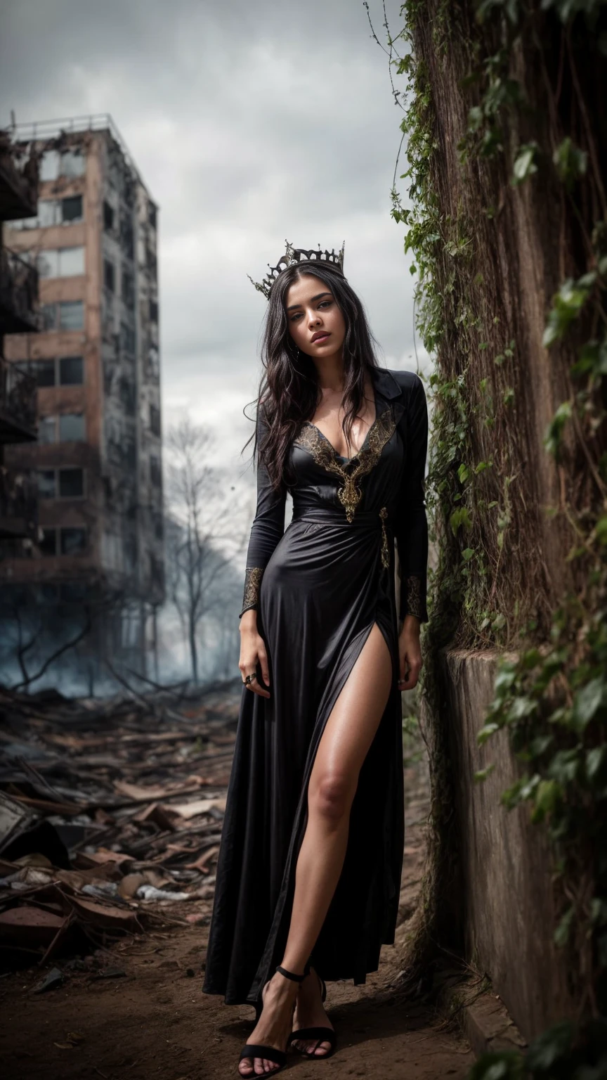 A beautiful European women, queen, full body, Leaning on a burning wall, wearing torn dress, long dress, bone crown, grey sky, Post-Apocalyptic city, lianas, trees, vines. She is 24 years old, has black hair, long hair, curly hair and black eyes. Her cloth is stylish and her overall appearance is stunning. The girl's face is extremely detailed with beautifully detailed lips. Her skin is anatomically correct with realistic textures. The image should have super high details and be of the best quality, with a resolution of 8K. The final result should be a masterpiece, showcasing the girl's beauty and the vibrant atmosphere of The destroyed Post-Apocalyptic city, trees and vines