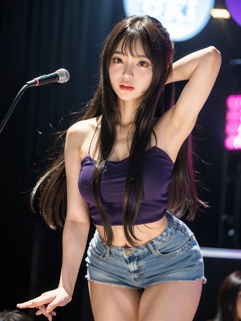 ((masterpiece)), ((best quality)), ((ultra-detailed)),((hyperrealistic)),shiny skin,1girl,,(((swept bangs))),hair intakes ,black hair,long hair,straight hair,ponytail,sidelocks,sideburns,((dark purple eyes)),medium breasts,14 years old,(akb48,miniskirt,thigh gap),dynamic angle,stage,from below,holding microphone,