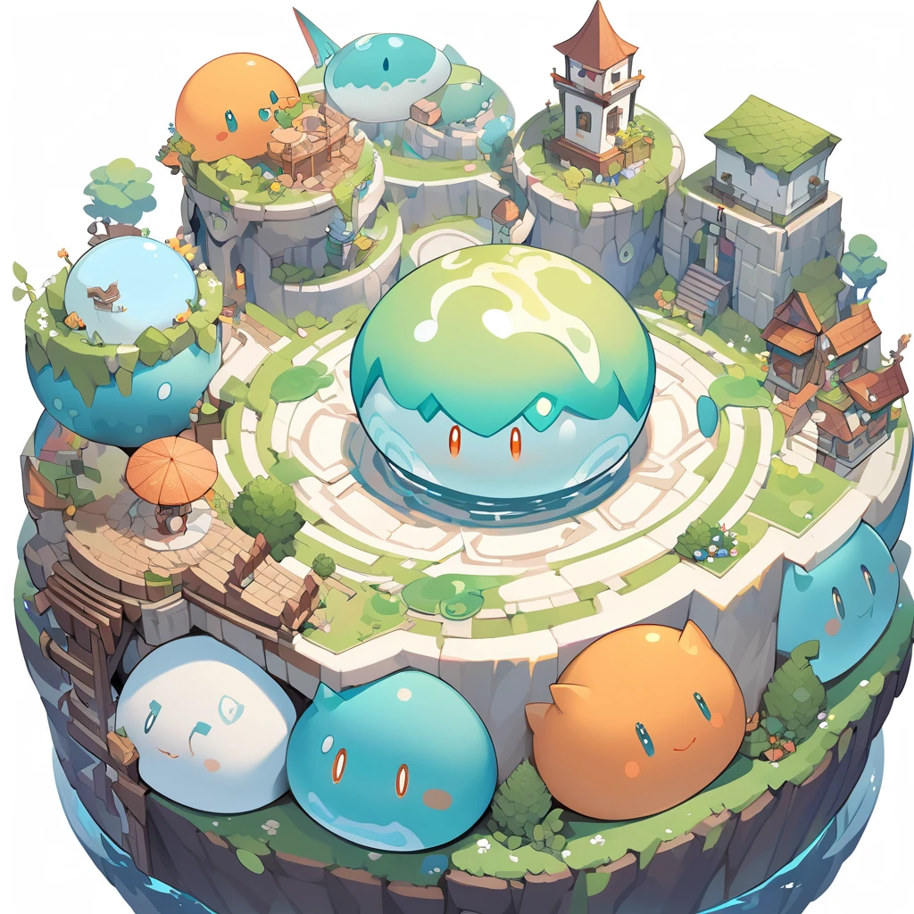 Isometric view, Dark fantasy anime style, beautiful stylized digital painting of adorable slime creature, simple chubby plump round shape, white background