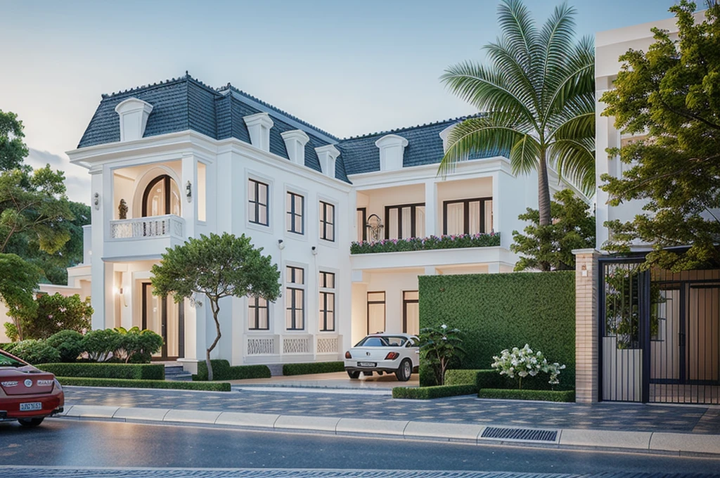 1 maison de style néoclassique, La maison de ville est faite de murs blancs, belle lumière, journée de beauté, ensoleillé, Beaucoup de bougainvilliers rouges le long de la route:1.3, belle sensation de jeunesse :1.2, soleil à midi, Très belles ombres