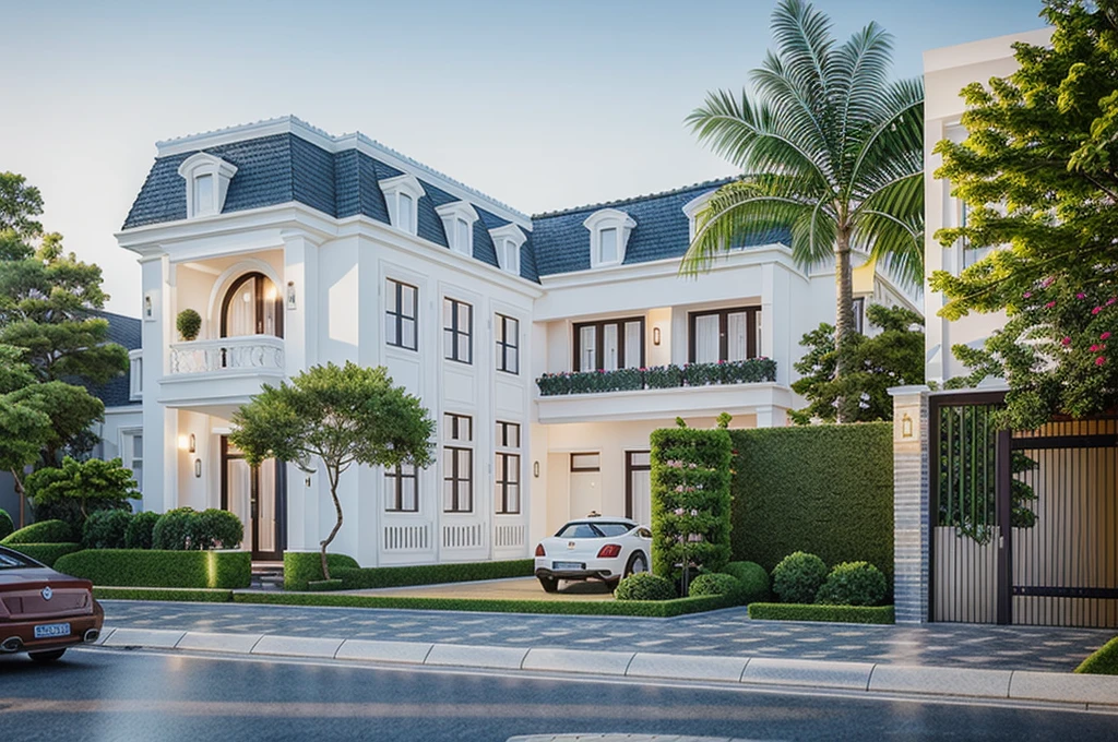 1 maison de style néoclassique, La maison de ville est faite de murs blancs, belle lumière, journée de beauté, ensoleillé, Beaucoup de bougainvilliers rouges le long de la route:1.3, belle sensation de jeunesse :1.2, soleil à midi, Très belles ombres