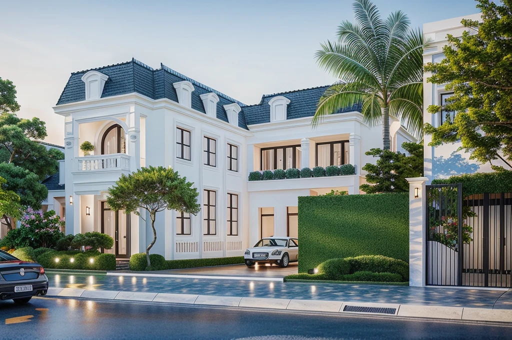 1 maison de style néoclassique, La maison de ville est faite de murs blancs, belle lumière, journée de beauté, ensoleillé, Beaucoup de bougainvilliers rouges le long de la route:1.3, belle sensation de jeunesse :1.2, soleil à midi, Très belles ombres