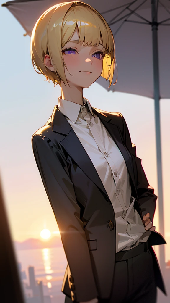 1 girl、8k、Sharp focus、(Bokeh) (Highest quality) (Detailed skin:1.3) (Intricate details) (anime)、(blonde)、short hair、Bobcut、Blunt bangs、Beautiful purple eyes、Slender body、From the side、Upper body close-up、White shirt、Black work trousers、Black Fitted Blazer、Calm face、Mouth closed、Cheeky Smile、Squint your eyes、Park in the background、sunset、Soft lighting.