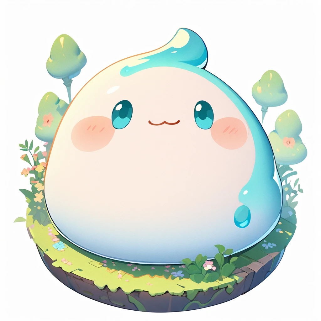 Isometric view, Dark fantasy anime style, beautiful stylized digital painting of adorable slime creature, simple chubby plump round shape, white background