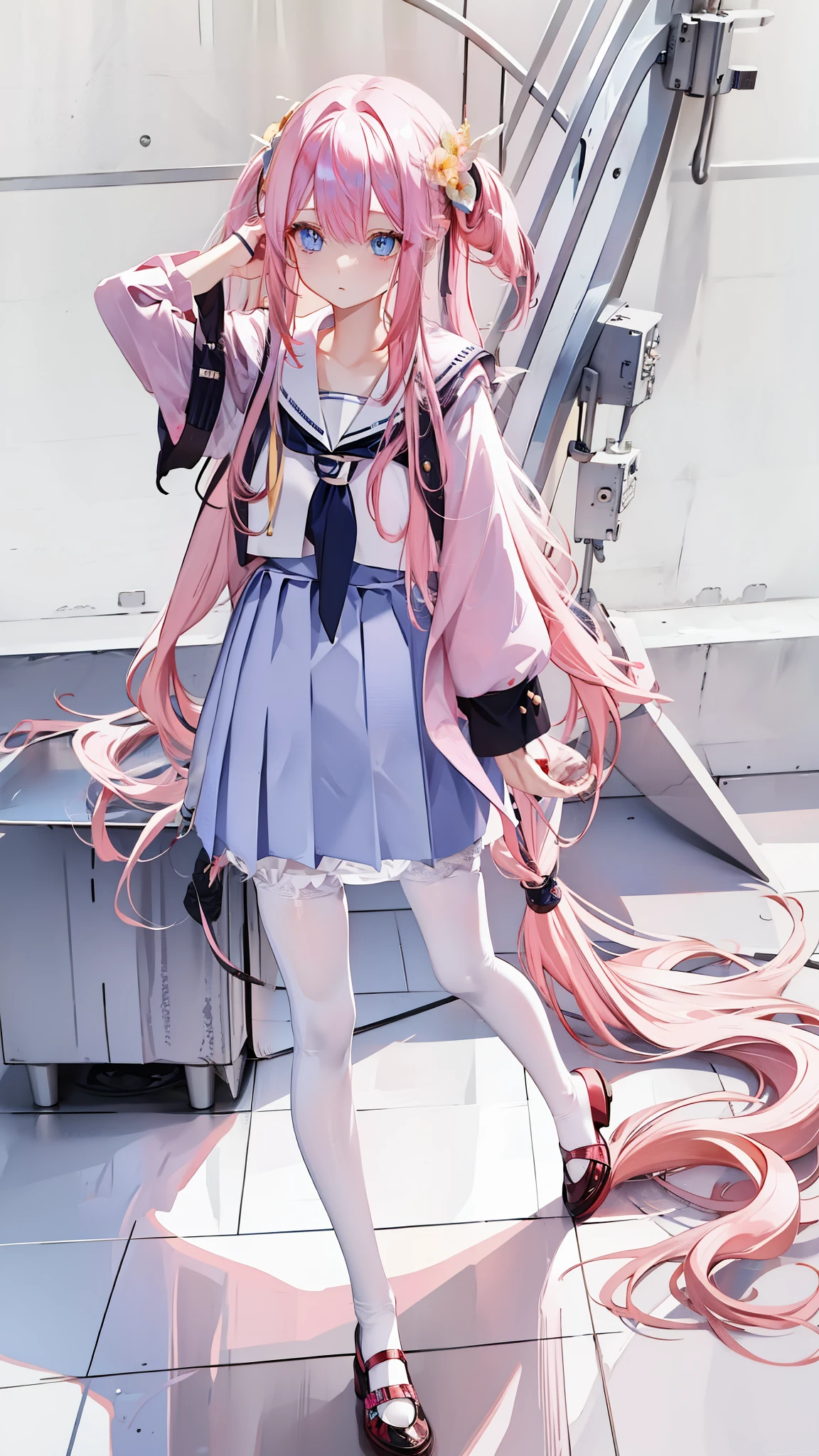 pink hair,Hair is long,heterochromatic pupils,very long hair,Outwardly lazy,Sailor suit,White silk pantyhose,a blue tie,the only person