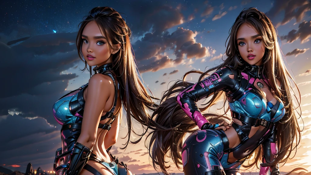 (Jessica Alba), woman with pink and blue makeup and a pink and blue jacket, brown girl in a cosmic dress, cartoon look, ava max, eyes large, straight straight style, long brown hair and eyes large, ahegao face, alexa grace, wearing atompunk jumpsuit, inspired by Lisa Frank, perfect ass wearing a colorful thong, beautiful underwear back view, captured from behind, Floss with rabbit and holes, see the loot, Sony FE, ultra HD, texturized skin, awardwinning, retina, work of art, 4K, high resolution, best qualityer
