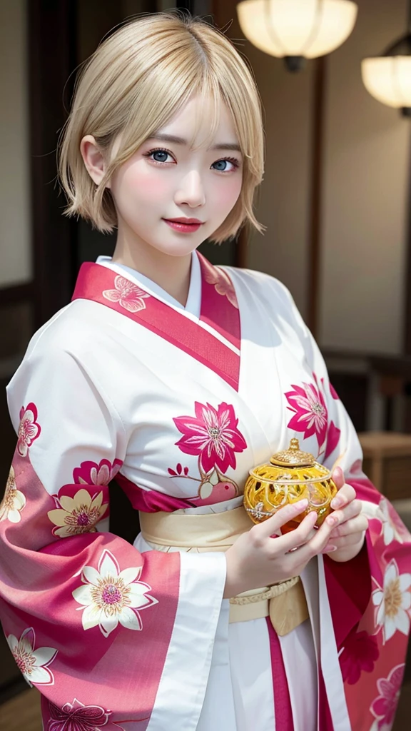 “A beautiful young woman with short blonde hair, wearing a traditional Japanese kimono with floral patterns, holding a glowing heart-shaped crystal with a lotus flower design in both hands, facing front. She has bright red eyes and a gentle expression. The background features large pink lotus flowers and a soft, glowing halo around her head. The scene is highly detailed and has a magical, ethereal quality.”“Holding a bigheart-shaped crystal in both hands.”