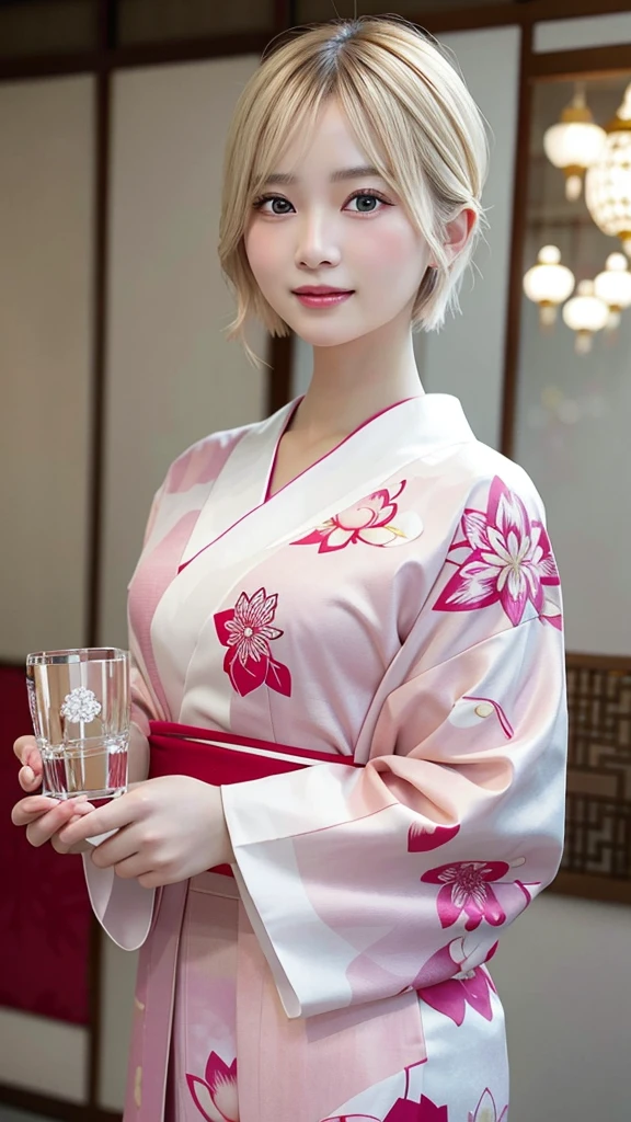 “A beautiful young woman with short blonde hair, wearing a traditional Japanese kimono with floral patterns, holding a glowing heart-shaped crystal with a lotus flower design in both hands, facing front. She has bright red eyes and a gentle expression. The background features large pink lotus flowers and a soft, glowing halo around her head. The scene is highly detailed and has a magical, ethereal quality.”“Holding a bigheart-shaped crystal in both hands.”