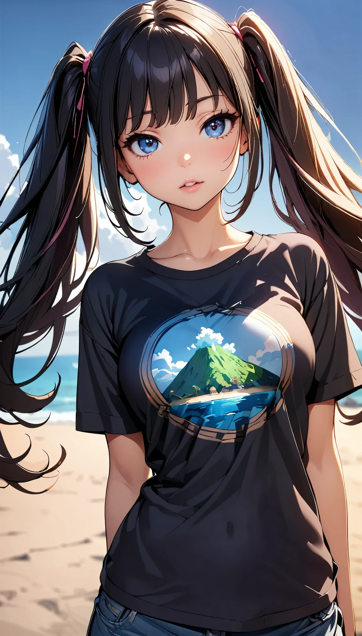 ((1 girl)), JK, (Printed T-shirt, A shirt with an illustration of a mysterious island printed on it:1.4), (Black hair twin tails), Dynamic Angle, Friendly atmosphere, Beautiful Hair, Shiny Hair, Beautiful Skin, Detailed face and eyes, Glossy Lips, ((A pose showing the pattern of the shirt:1.2)), Plain background, Background Blur. (Highest quality:1.2, Very detailed, Beautiful illustrations, High Detail, masterpiece:1.2, Best aesthetics), 
