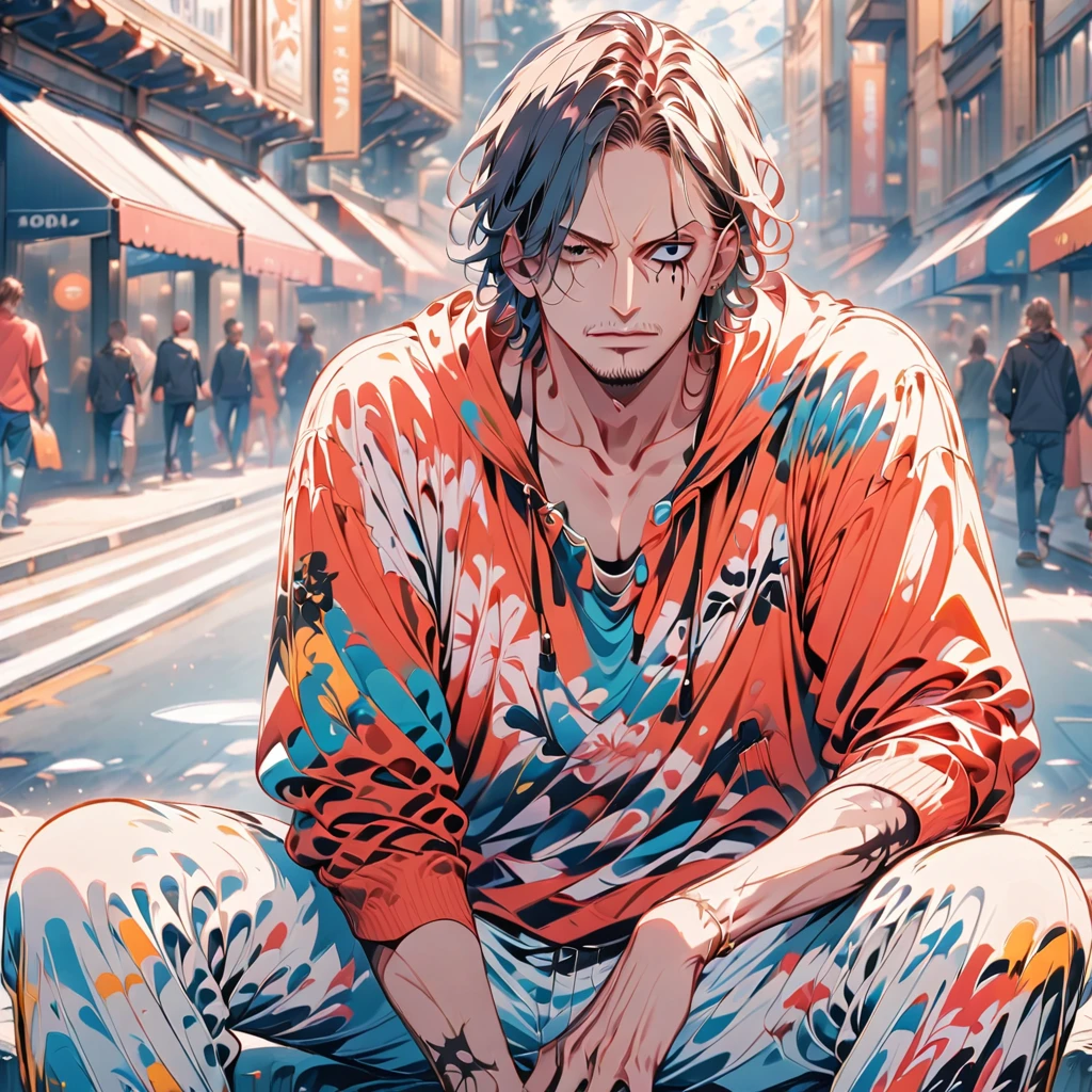 vector art, 1 male, shanks, one piece, 30 years old male, sitting in a stylish pose with his sword, street style, cool street wear vector art, single body, detailed eye and face, ink splash, take reference from actual anime shanks character design for three scars on left eye of the character and add too in the image. no background, plain background