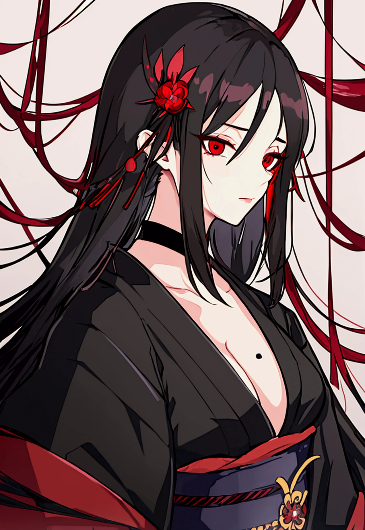 ((Best Quality)), ((Masterpiece)), (detailed), Young woman with long straight dark black hair, big bright red eyes, a black kimono, a mole near the eye and a serious expression