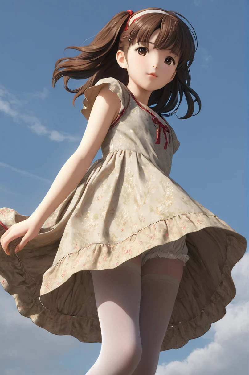 10 year old girl underwear, Ayako Kuroba、Realistic bloomers made from patterned cotton fabric, Medieval one-piece dress with panniers, Fabric Realism, Low - Angle, I see bloomers, Pull up the dress by hand, Strong winds, Translucent slip, Translucent slip, tights, Highest quality, whole body